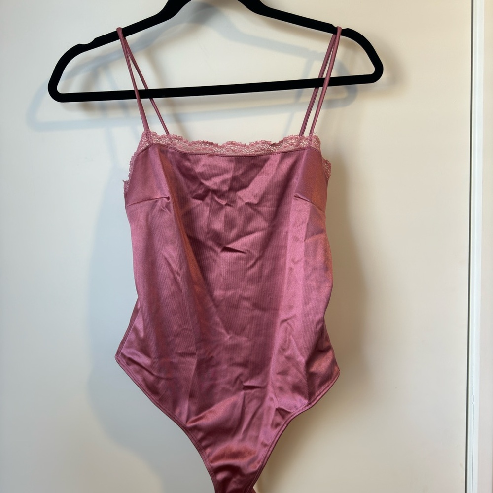 Pink Silk Lace-Trimmed Bodysuit